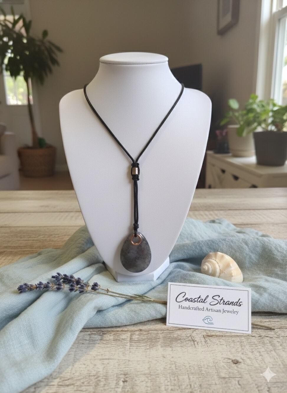 Beautiful Carved Gray Stone Corded Necklace
